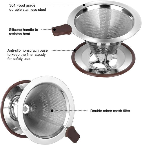 Pour Over Coffee Dripper, Reusable Paperless Filter, Professional Stainless Steel Drip Cone for 1-2 Cups