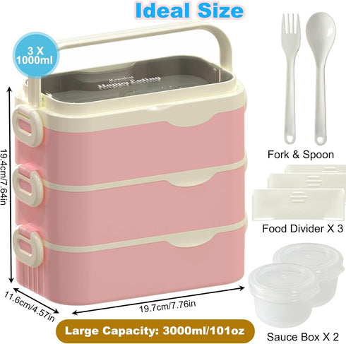 Stackable Bento Box Adult Lunch Box, 3 Layers Large Capacity Containers, Microwave Safe with Utensils, Dividers