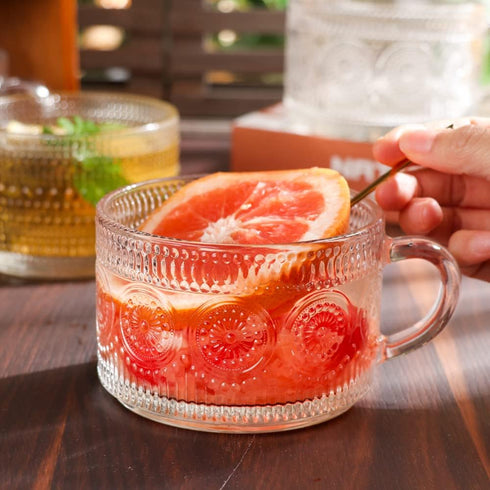 Set 4,14 OZ (2*Flower+2*Beads) Vintage Glass Coffee Mugs of Embossed Glass Coffee Cups Coffee Mugs for Cereal, Yogurt