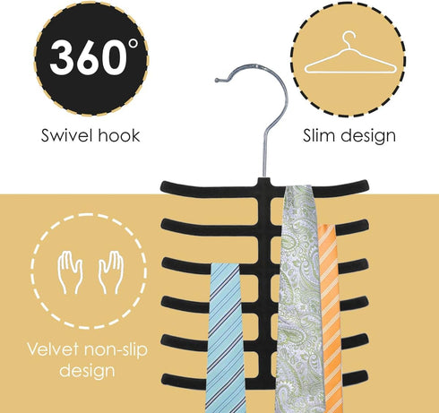 Home Basics 3-Pack Non-Slip Velvet Tie Hanger Organizer Rack, 360° Rotatable Hook, Holds 12 Ties Each