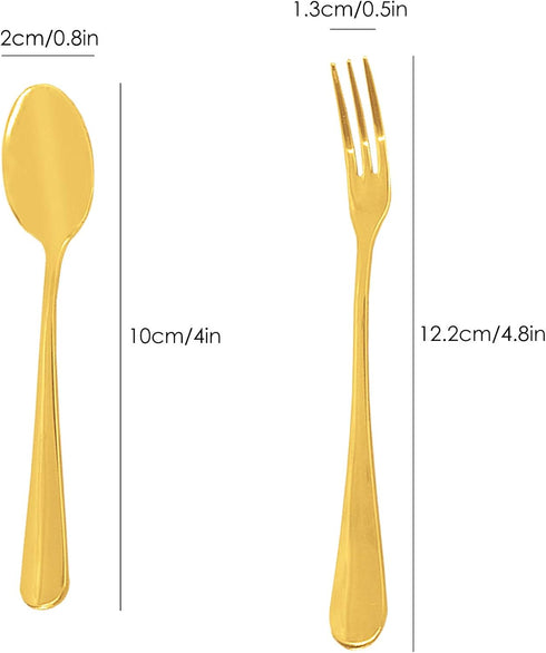 Set of 16 Gold 4 Inch Demitasse Espresso Spoons and 4.8 Inch Stainless Steel Forks for Dessert