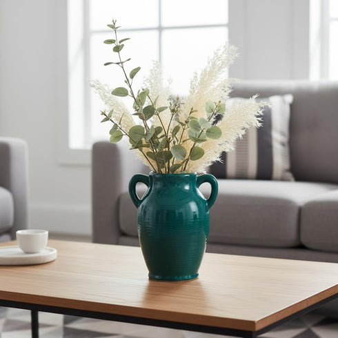 8 Inch 2 Sunddo Modern Ceramic Vase for Decor - Green Decorative Vase with Handles, Pampas Grass Vases