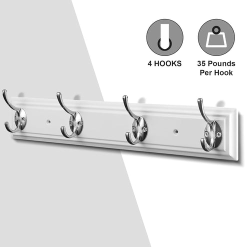 Coat Rack Wall Mounted White, 17" Wooden Modern Coat Hanger with 4 Hooks, Heavy Duty Zinc Alloy Wall Hook Rack