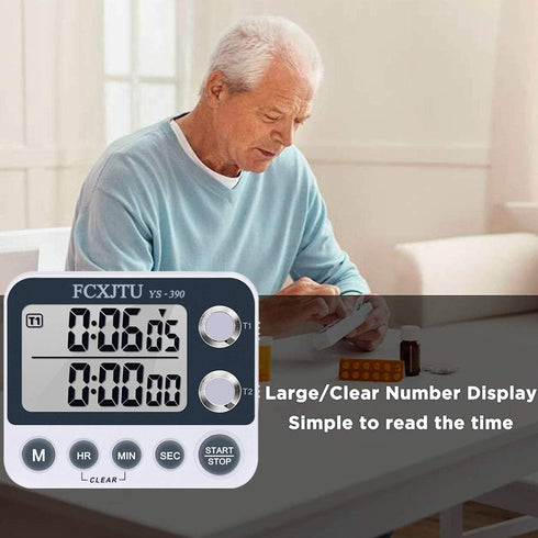 FCXJTU Digital Dual Kitchen Timer: Large Display, Adjustable Volume Alarm, Stopwatch, Magnetic Back (White)