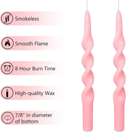 Set of 2 Pink Spiral Taper Candlesticks, 10 Inch Unscented Twisted Candle Sticks for Home Decoration Holiday Wedding
