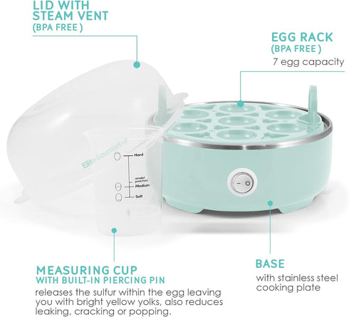 Elite Gourmet EGC115M Easy Egg Cooker Electric 7-Egg Capacity, Soft, Medium, Hard-Boiled Egg Cooker with Auto Shut-Off, Measuring Cup Included, BPA Free, Retro Mint by Elite Gourmet