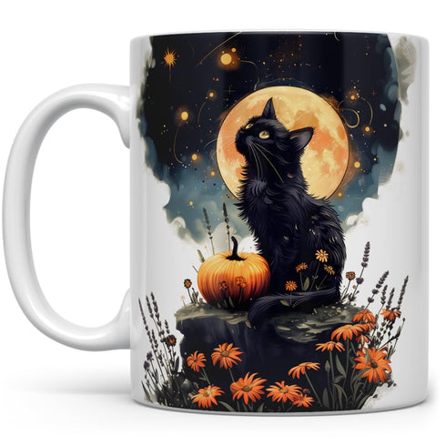 Mystical Black Cat Full Moon Coffee Mug, Witchy Halloween Cup, Spooky Fall Aesthetic, 11oz