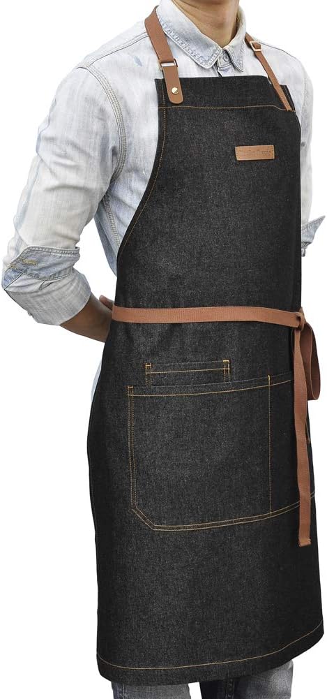 Denim Kitchen Apron with Pockets, Professional Chef Bib Apron for Cooking, Grill & BBQ