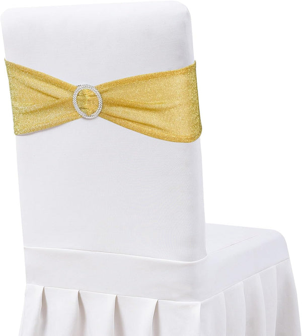 Eternal Beauty Set of 10 Gold Chair Sashes, Glitter Spandex Chair Bands for Folding Chairs Wedding