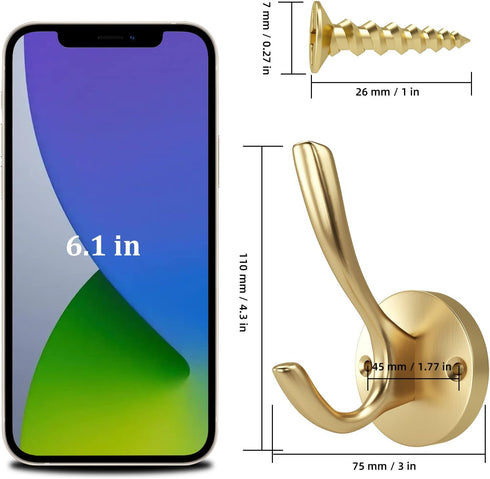 ZUONAI Gold Coat Hooks 2 Pack – Heavy Duty Brushed Brass Wall Hooks for Coats, Hats, Jackets, Keys