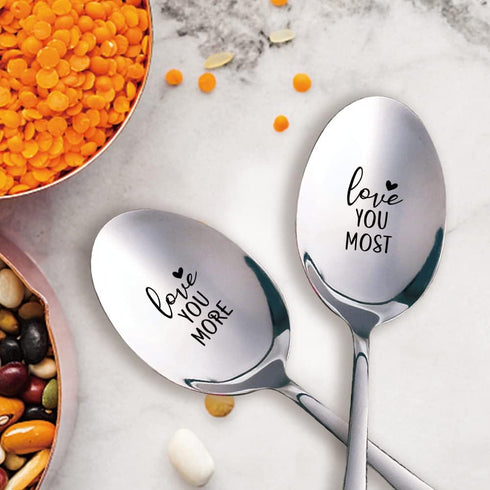 Love You More, Love You Most, 2 Pcs Engraved Stainless Spoon Couple Gifts for Wedding Anniversary