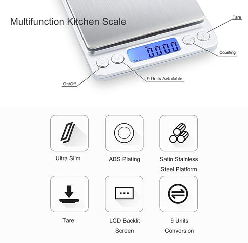 Food Scale Digital Weight, 3000g/0.1g Kitchen Scale for Cooking with Backlight LCD Display