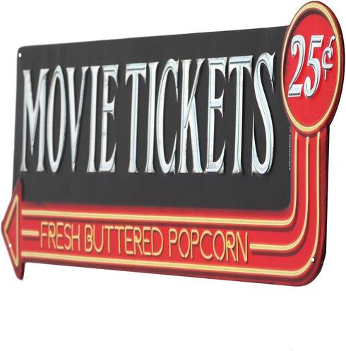 Movie Tickets 25 Cents Embossed Metal Sign - Large Vintage Wall Art with Arrow for Movie Room