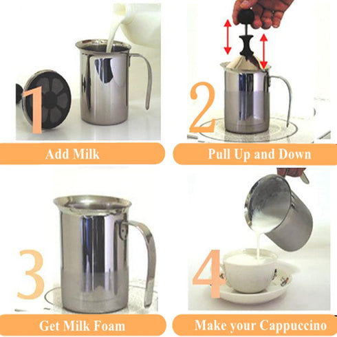 Foam Maker, Stainless Steel Manual Milk Frother, 800ML, Manual Operated Milk Foam Maker for Cappuccino Coffee Latte