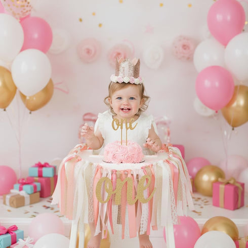 1st Set PapaKit Girls Birthday High Chair Premium Decoration - Pink & Gold Ribbon Garland, Crown, One Banner & Cake