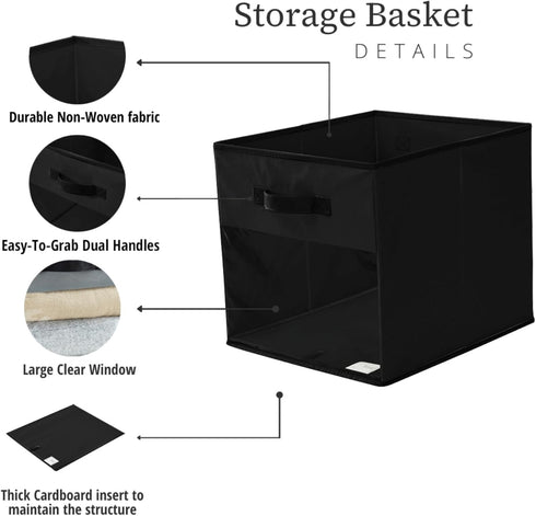 DECOMOMO Storage Baskets for Shelves - 13x15x13 Storage Cube Bins with Clear Window (Kallax / 4pcs, Black)