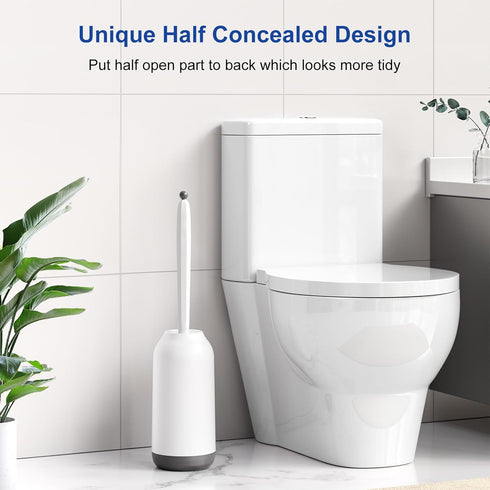 HAMITOR Toilet Bowl Brush Holder Set: Deep Cleaning Silicone Scrubber with Curved Bristle for Bathroom Dead Corner Clean