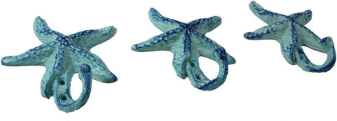 Starfish Antique Blue Cast Iron Wall Hooks - Set of 3 for Coats, Hats, Towels, More