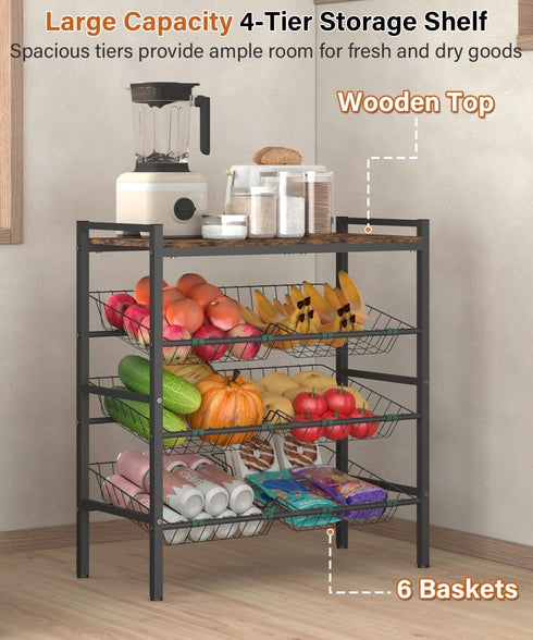 Tigerden 4-Tier Kitchen Fruit and Vegetable Storage Rack, Fruit Basket Stand, Freestanding Snack Display Organizer