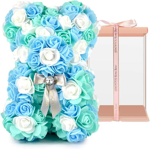 Hand Made Artificial Rose Bear, Pure Color for Valentine, Birthday, Mother's Day with 10" Pink Gift Box