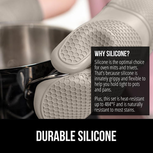 Gorilla Grip 4 Piece Silicone Oven Mitt and Trivets Set, Heat and Slip Resistant, Waterproof, Cotton Lined Gloves,