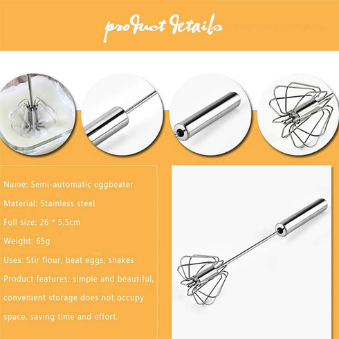 Stainless Steel Egg Whisk, Hand Push Rotary Blender, Versatile Milk Frother for Blending and Whisking