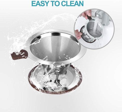 Pour Over Coffee Dripper, Reusable Paperless Filter, Professional Stainless Steel Drip Cone for 1-2 Cups