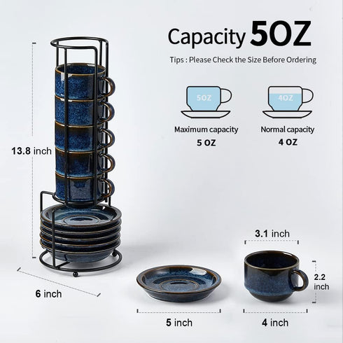 Stand,4 Set 6, JIEMEI HOME Porcelain Stackable Espresso Cups with Saucers and Metal Ounce Demitasse Cups for Coffee