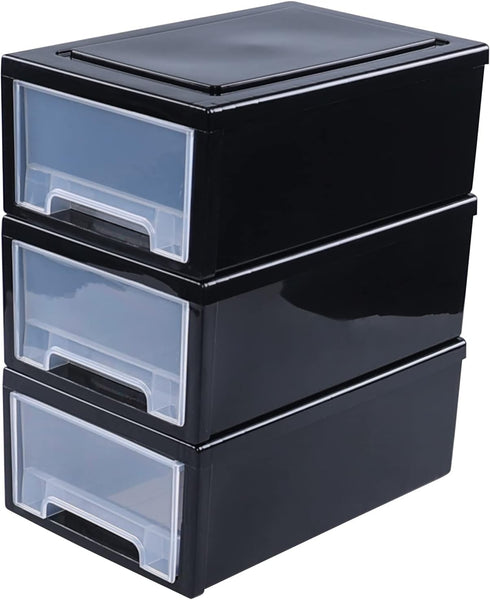 Hespama 6.5 Quart Plastic Stacking Storage Drawer, 3 Pack Desktop Storage Drawer, Black