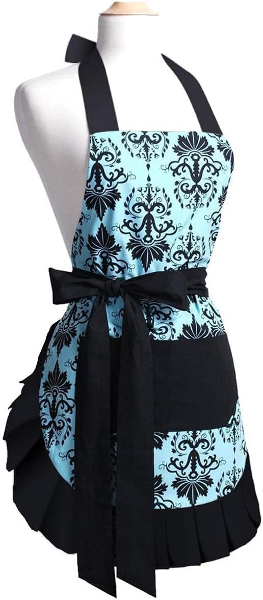 G2PLUS Vintage Damask Mothers Apron for Women, Extra Long Ties, Pockets, 28 x 27 Inch, Perfect for Cooking, Baking,