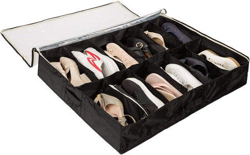 Surblue Under Bed Shoe Storage Organizer, Fits 12 Pairs of Shoes, Set of 1, Black
