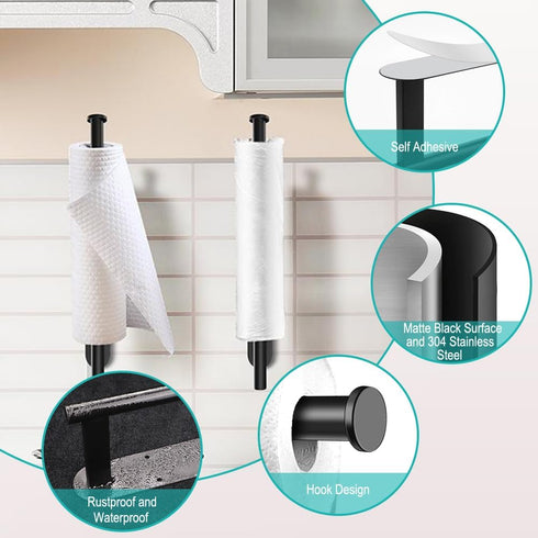 MGahyi 13.2 inch Paper Towel Holder - Wall Mount, Self Adhesive or Drilling, Stainless Steel Rack (Black, 2*Rectangle)