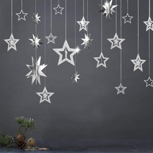 Glitter Silver Star Garlands Kit, Metallic 3D Star Hanging Paper Garland, Birthday Party Supplies