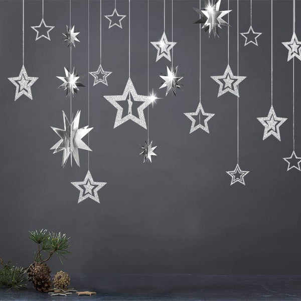 Glitter Silver Star Garlands Kit, Metallic 3D Star Hanging Paper Garland, Birthday Party Supplies