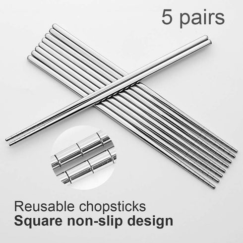 Stainless Steel Chopsticks, 5 Pairs Reusable Multicolor Lightweight 304 Metal, Non-Slip Gift Set, Silver Hollow