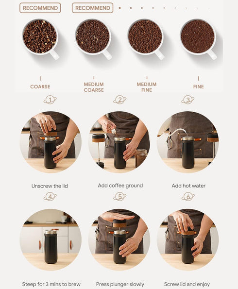 Classic Portable French Press Coffee Mug, 12 oz Stainless Steel Coffee Maker with Carry Loop