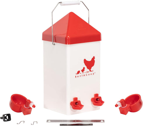 1 2 RentACoop Gallon Chicken Waterer with Auto-Fill Cups, Horizontal Nipples and Anti-Roost Cone - Suitable for Chicks