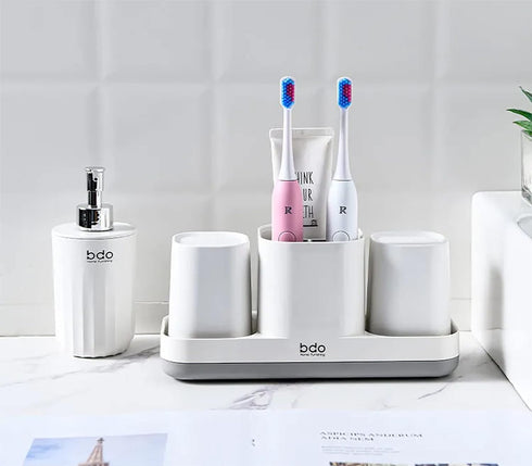 Toothbrush Holder and Toothpaste Dispenser, 2 Bathroom Cups Organizer for Vanity Countertop, Kids Decor