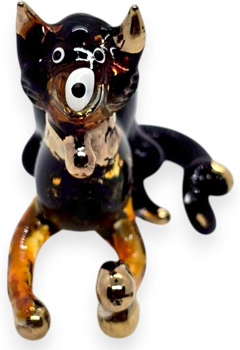 Tiny 2¼" Black Brown Crouching Play Ball Cat Figurine - Miniature Hand Blown Painted Glass