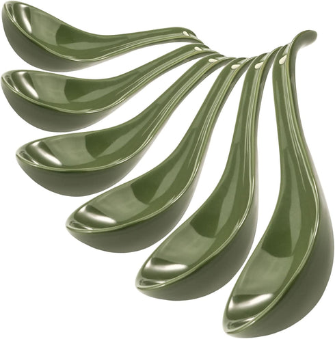 Green Ceramic Soup Spoons Set of 6 - 6.75 Inch Ramen Spoons for Cereal, Noodles, Stews, Dishwasher Safe