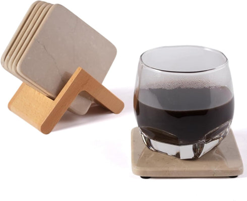 Koville Set of 6 Natural Marble Coasters for Coffee Table with Holder,