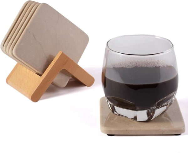 Koville Set of 6 Natural Marble Coasters for Coffee Table with Holder,