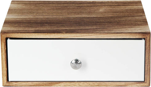 JACKCUBE DESIGN Rustic Wood Tea Storage Box with 12 Adjustable Compartments and White Faux Leather Drawer