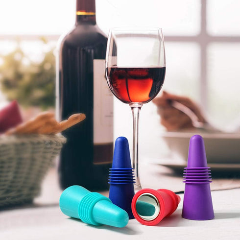 Wine Stoppers - Reusable Wine Bottle Stoppers, 4 Pack Multicolor Silicone for Glass Bottles