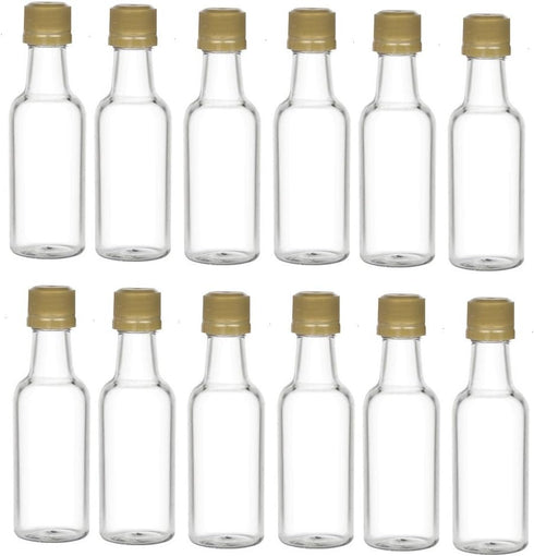 Nakpunar 12 pcs 50 ml Clear Plastic Liquor Bottles with Gold Cap - MADE IN USA