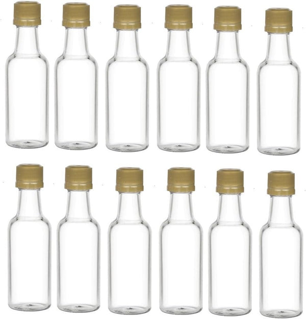 Nakpunar 12 pcs 50 ml Clear Plastic Liquor Bottles with Gold Cap - MADE IN USA