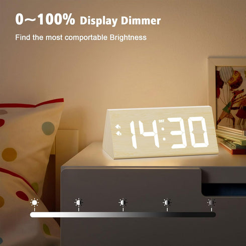 fomobest Dimmable, Snooze, Wooden Digital Alarm Clock with Dual USB Charging Ports, DST, Modern Large Time Display LED
