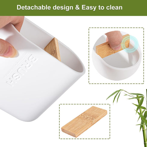 Bamboo Electric Toothbrush Holder, Bathroom Storage Organizer for Toothpaste, Floss, Razor, White
