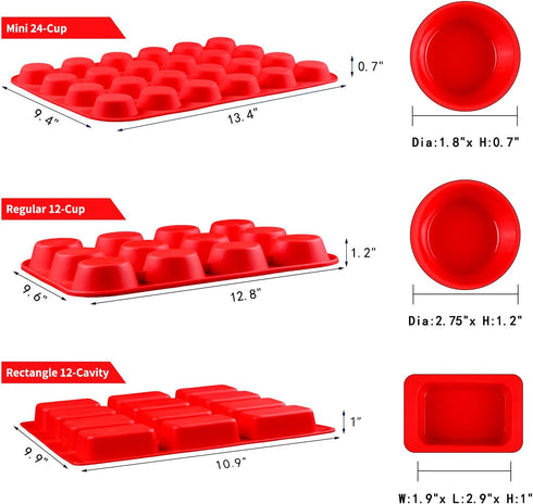 Silicone Muffin Pan - Silicone Molds Including Mini 24 Cups, Regular 12 Cups Muffin Pan & 12 Cavities Mini Loaf Pan 3-in-1 Set for Egg Muffin, Cupcakes, Brownies, Fat Bombs
