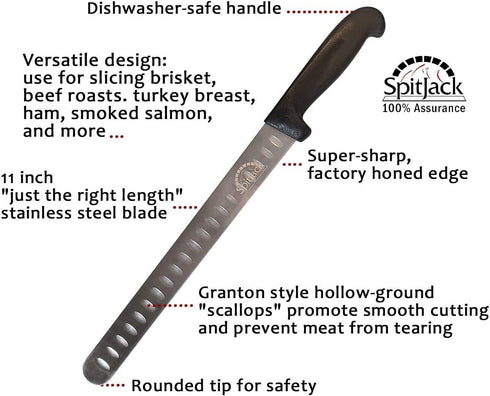 BBQ Smoked Brisket Knife for Meat Carving and Slicing - 11 Inch Blade with Granton Edge